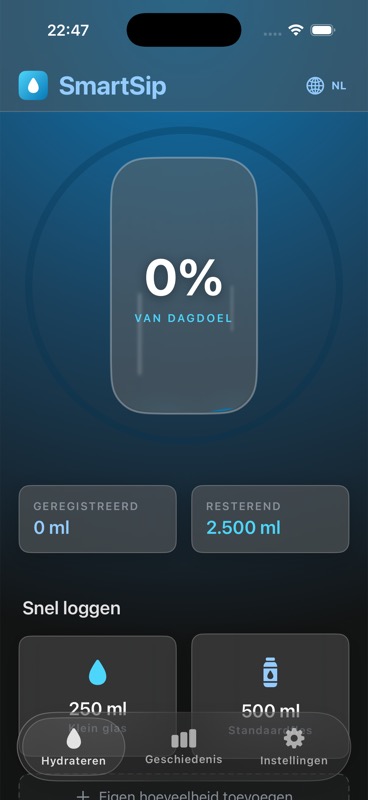 SmartSip-dashboard op iPhone met dagelijkse voortgang en snelle logknoppen.