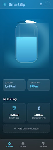 SmartSip-interface met voortgang, quick log en recente waterlogs.